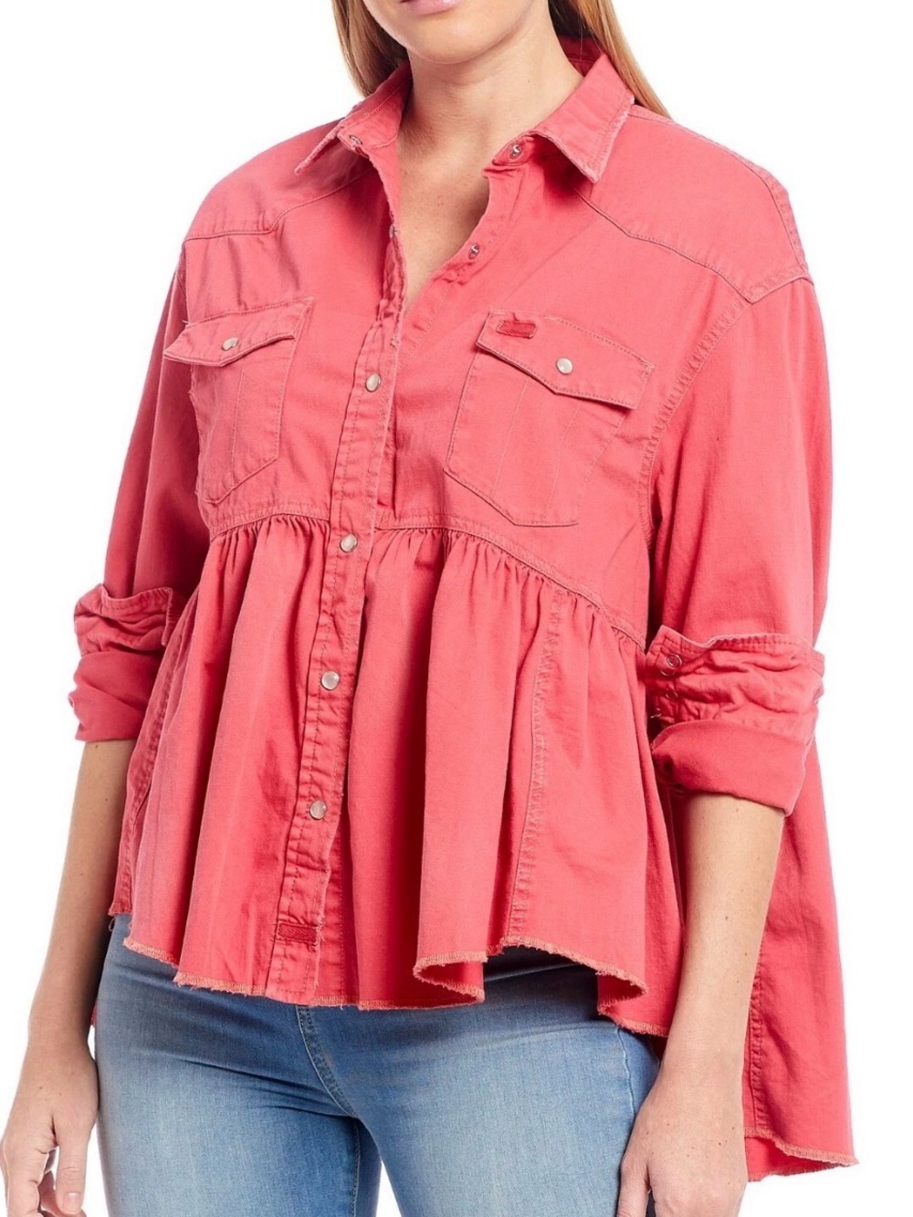 We The Free by  Free People Babydoll PINK LOVE Pearl Snap button Top M